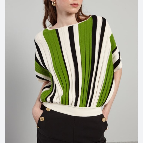 Weekend Max Mara Spiga Short Sleeve Bold Striped Sweater - Green, Black, Cream - Picture 1 of 8